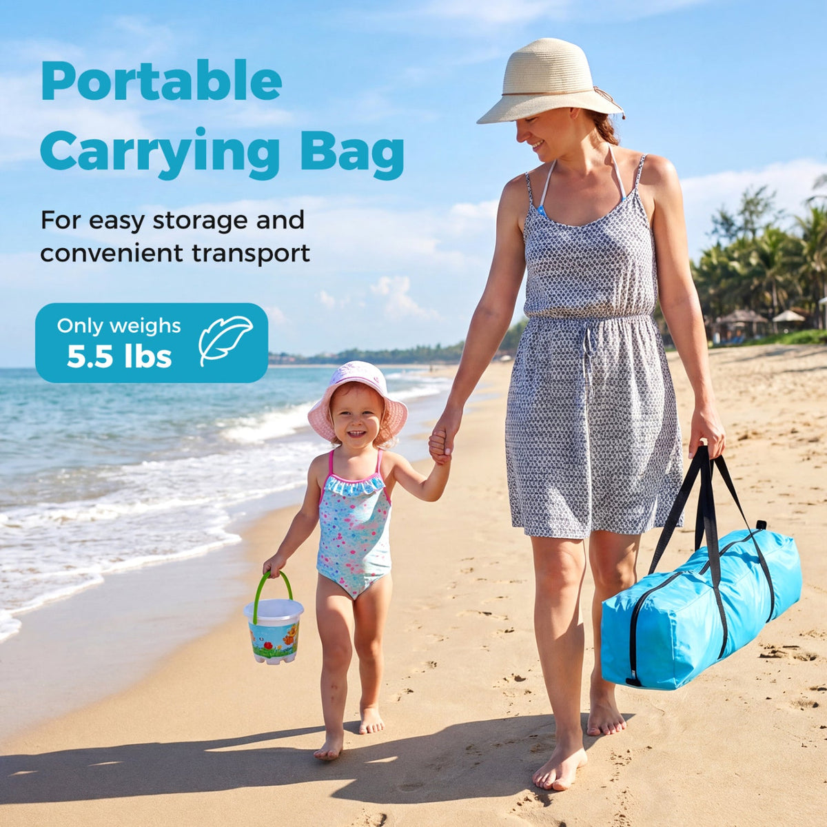 Woman and child on a beach with a portable carrying bag, text about weight and use.