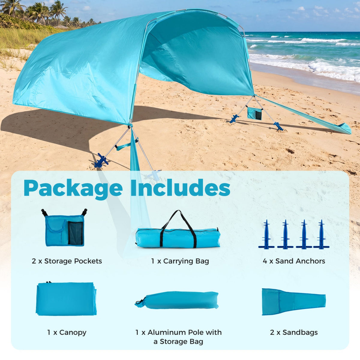 Turquoise beach canopy set up on a sandy beach with ocean view, including packaging details.