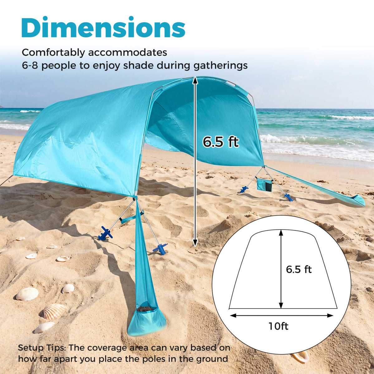 Blue beach tent on sand with ocean view, showing dimensions and setup tips.