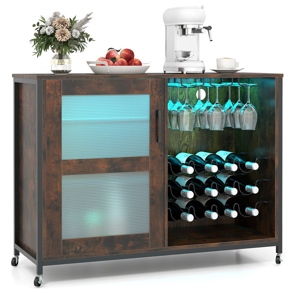 Wine Bar Cabinet with LED Lights & Glass Holders
