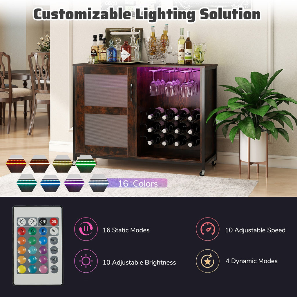 Wine Bar Cabinet with LED Lights & Glass Holders