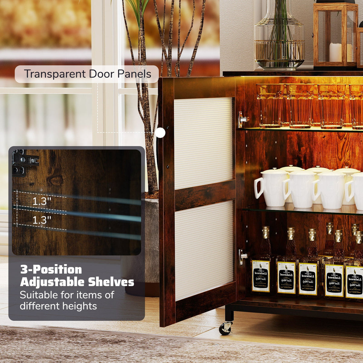 Wine Bar Cabinet with LED Lights & Glass Holders