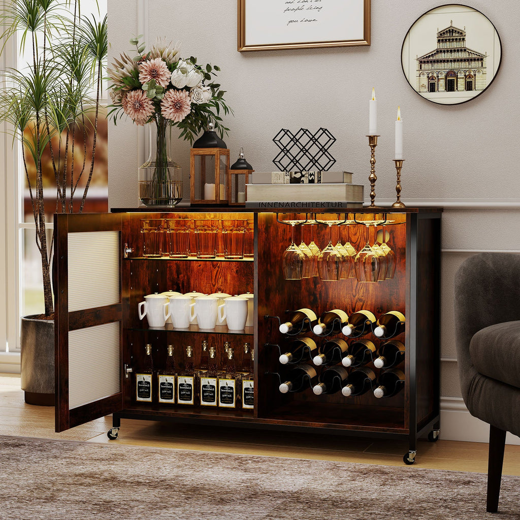 Wine Bar Cabinet with LED Lights & Glass Holders