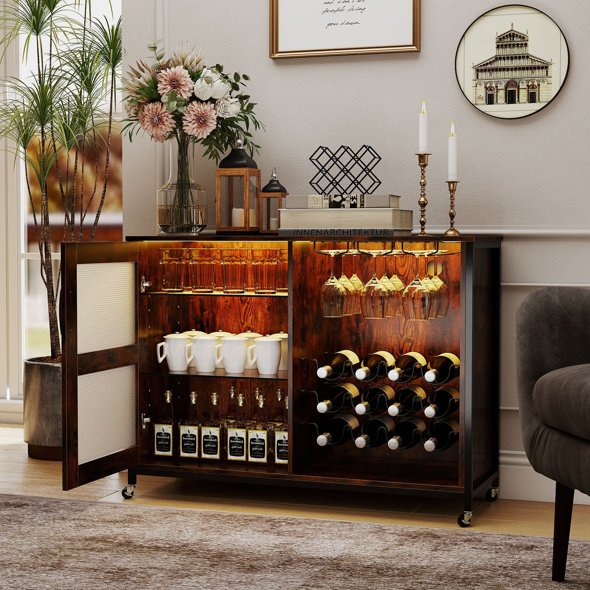 Wine Bar Cabinet with LED Lights & Glass Holders