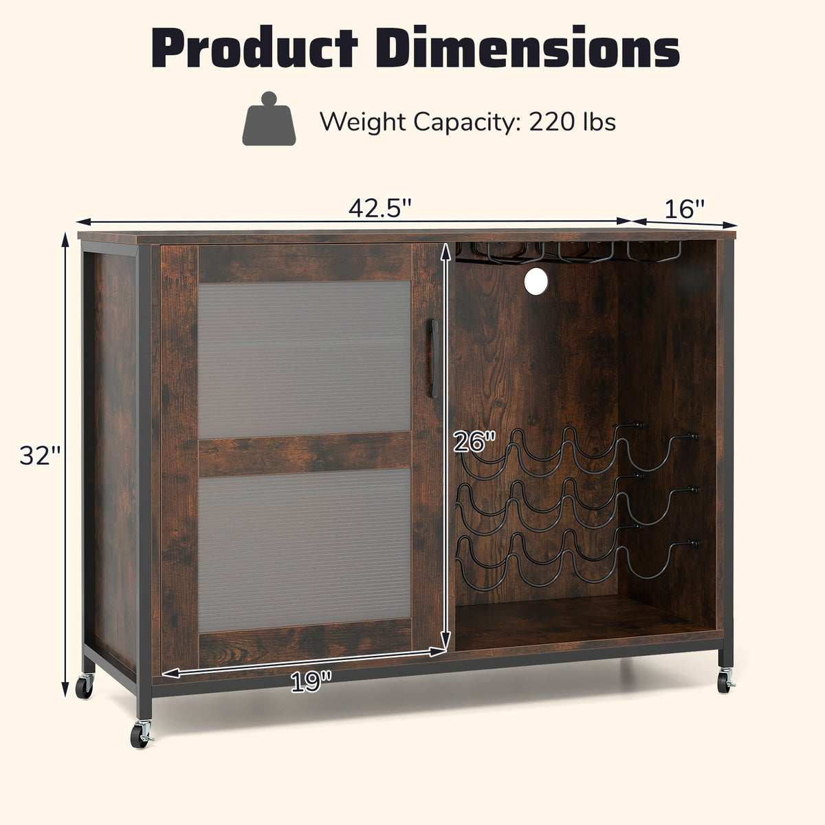 Wine Bar Cabinet with LED Lights & Glass Holders