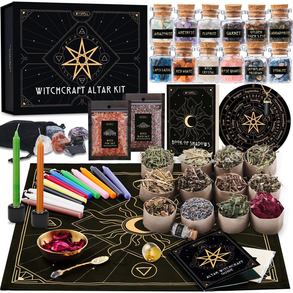 Witchcraft altar kit with crystal jars, herbs, candles, stones, salts, notebook, and ritual tools.
