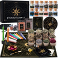 Witchcraft altar kit with crystal jars, herbs, candles, stones, salts, notebook, and ritual tools.
