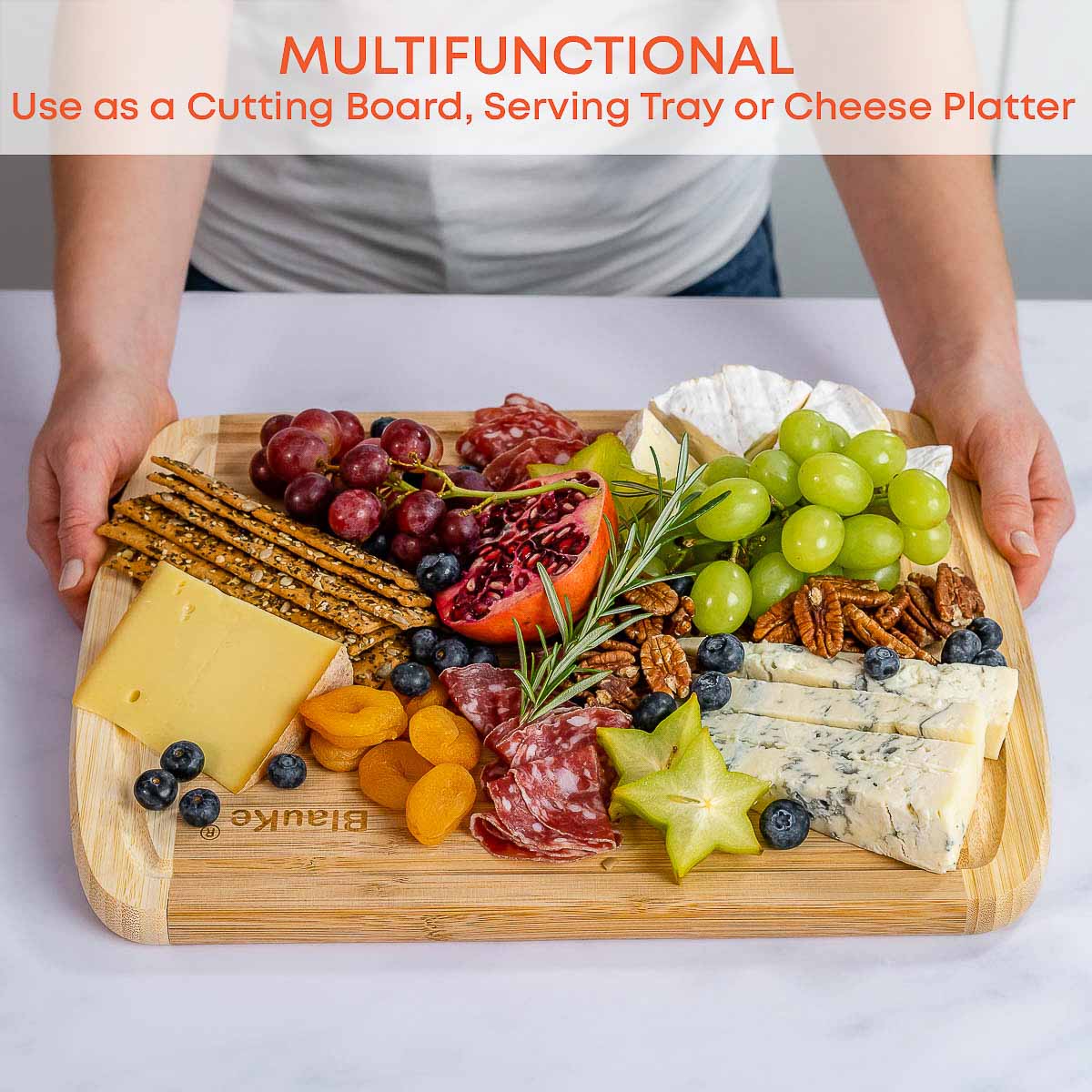 BlauKe Large Bamboo Cutting Board for Kitchen – 14x11" with Juice Groove & Non-Slip Feet