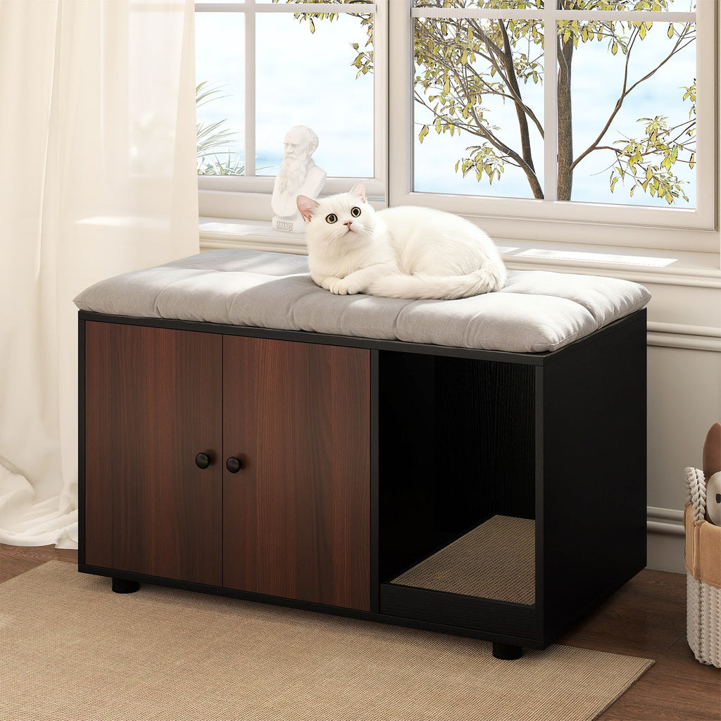 Cat Litter Box Enclosure Bench with Cushion Top