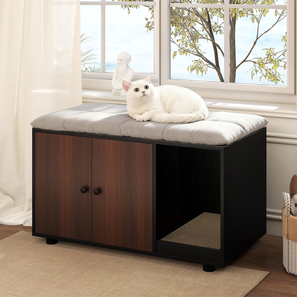 Cat Litter Box Enclosure Bench with Cushion Top
