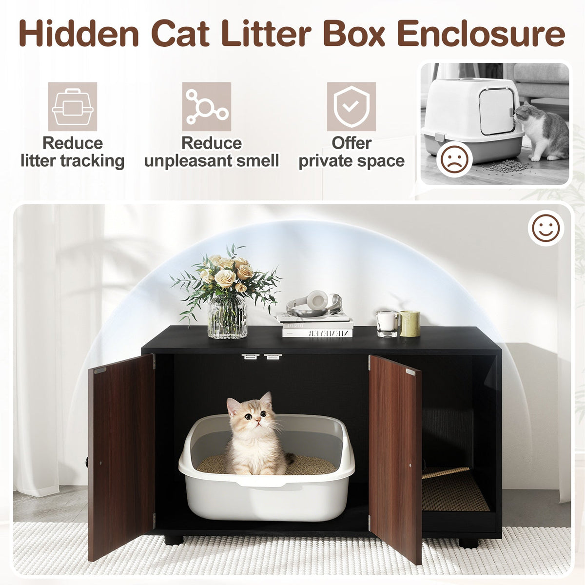 Cat Litter Box Enclosure Bench with Cushion Top