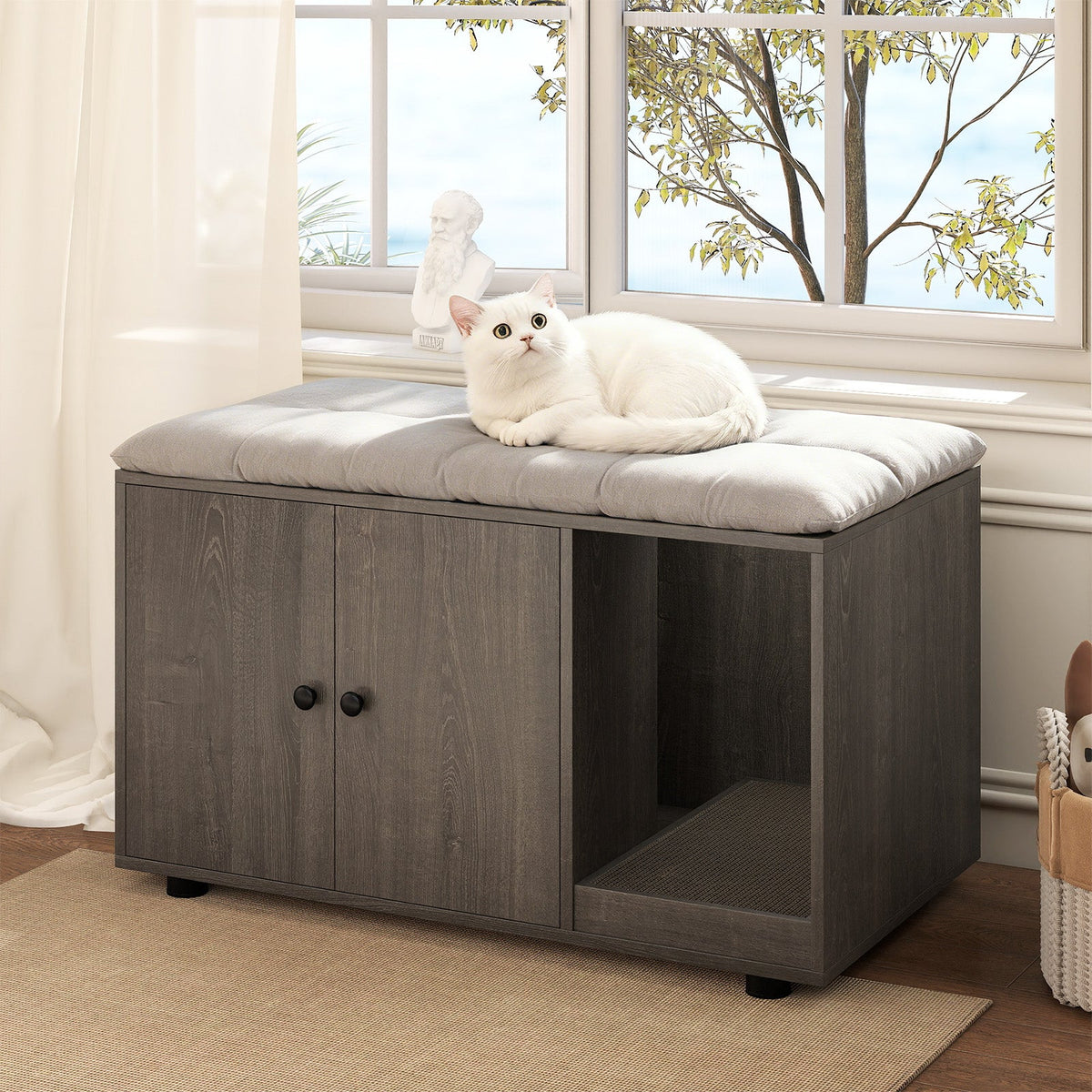 Cat Litter Box Enclosure Bench with Cushion Top