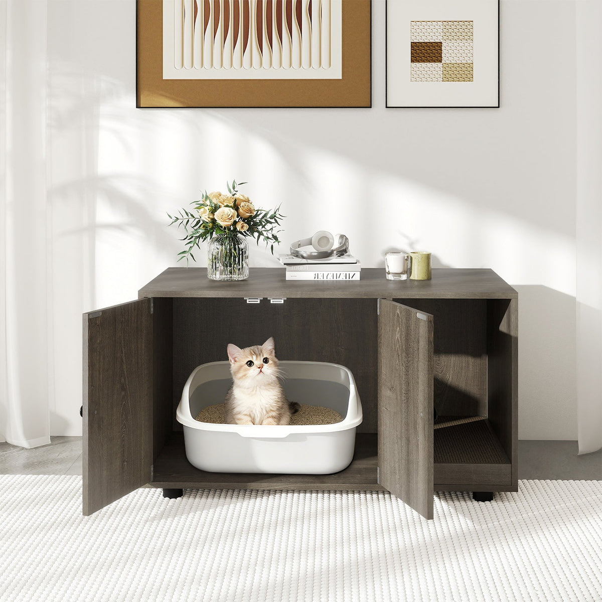 Cat Litter Box Enclosure Bench with Cushion Top