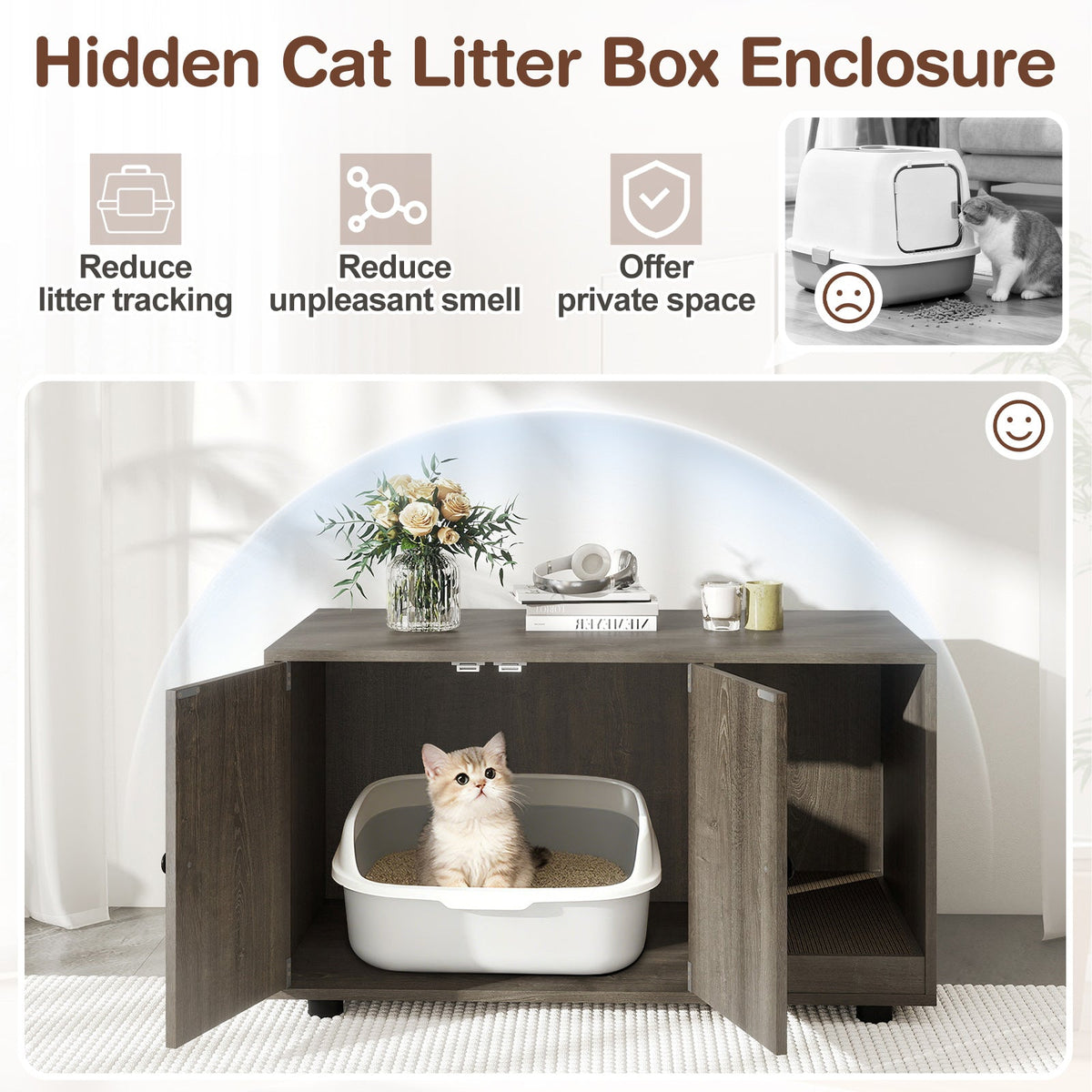 Cat Litter Box Enclosure Bench with Cushion Top