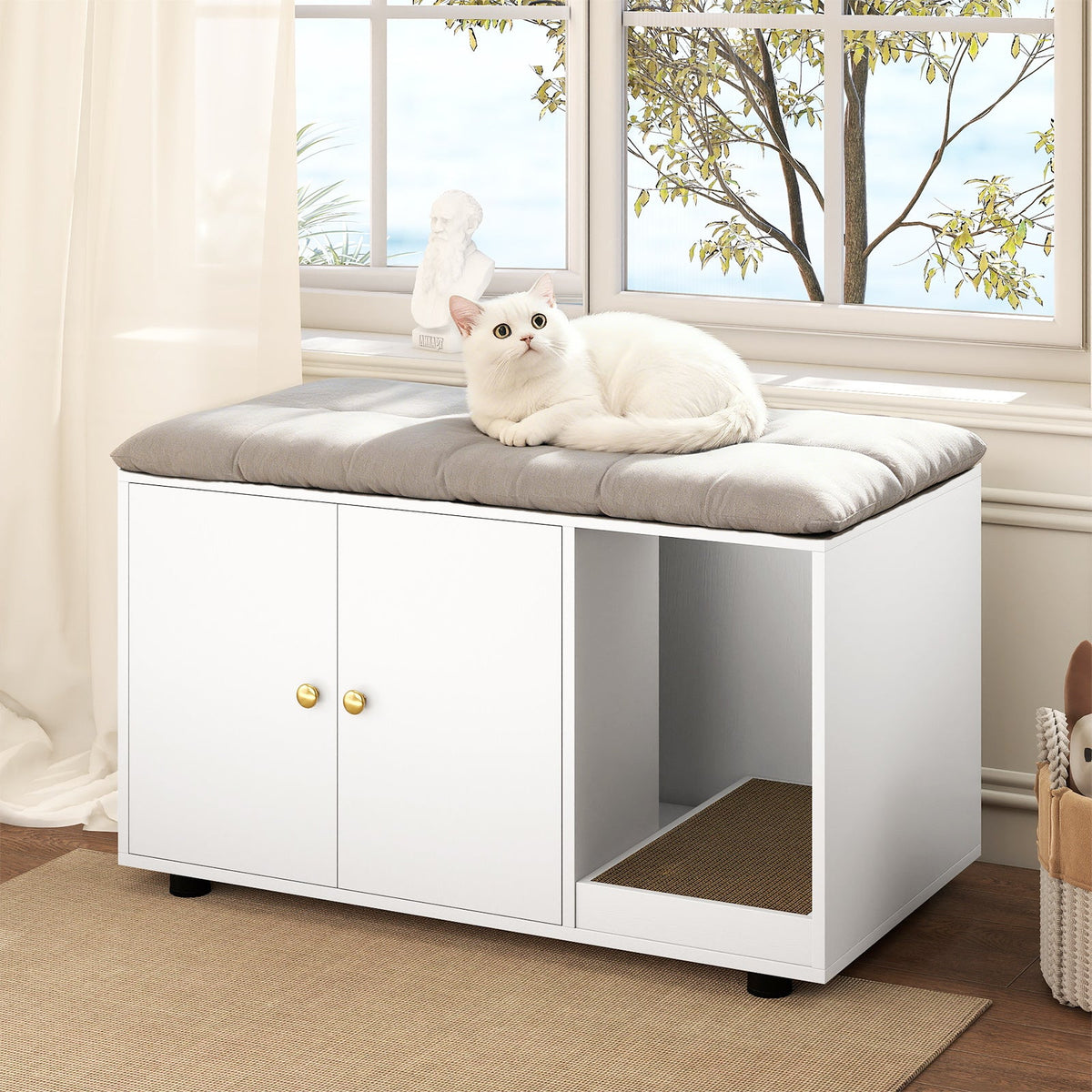 Cat Litter Box Enclosure Bench with Cushion Top