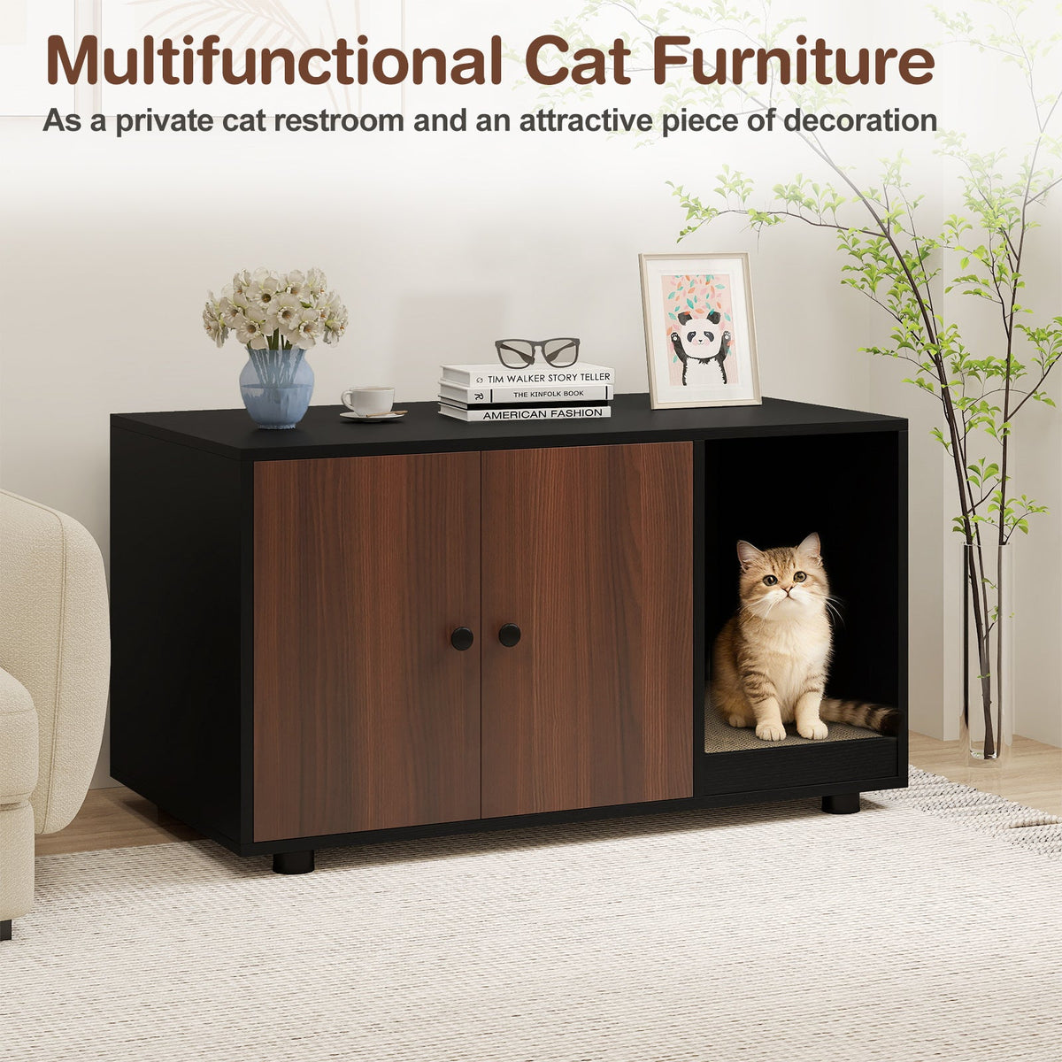 Cat Litter Box Enclosure Bench with Cushion Top
