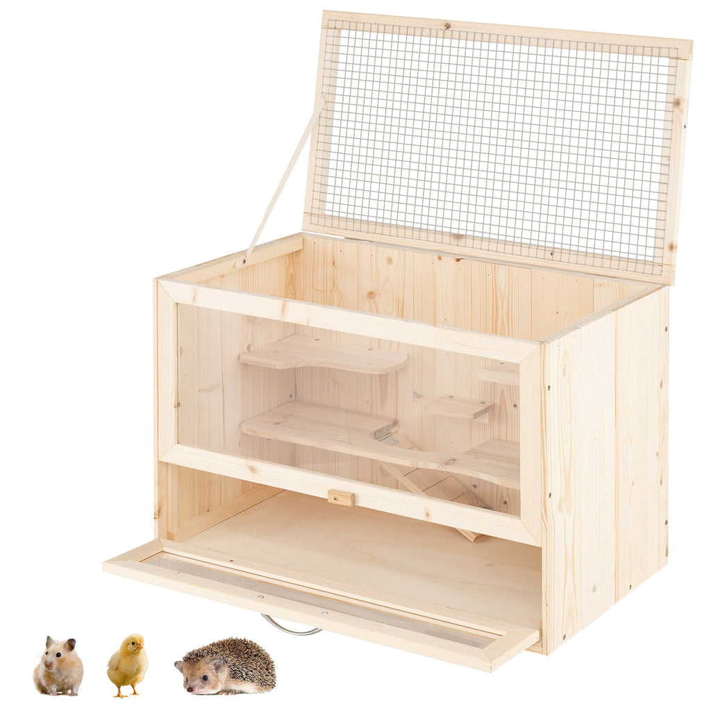 Wooden pet cage with a wire top on a white background, featuring small animals.
