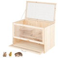 Wooden pet cage with a wire top on a white background, featuring small animals.