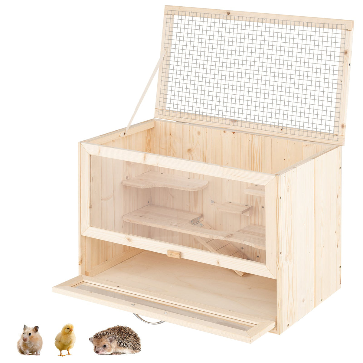 Wooden pet cage with a wire top on a white background, featuring small animals.