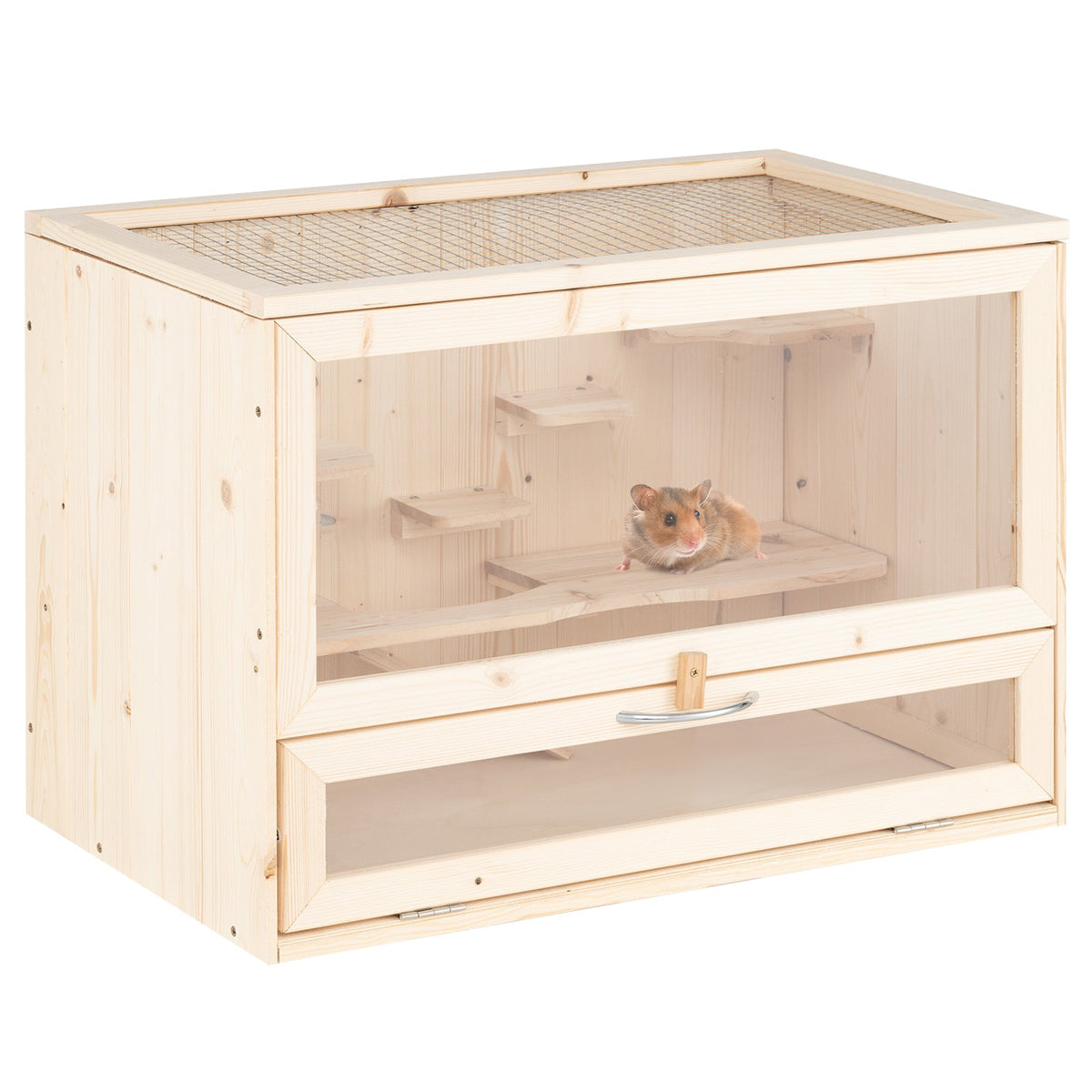 Wooden pet cage with transparent side panels on a white background
