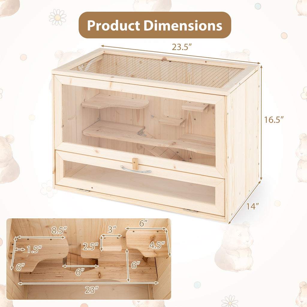 Wooden pet cage with dimensions on a light background