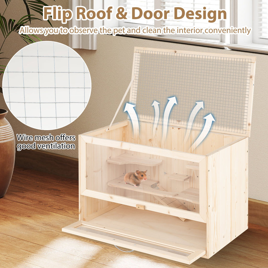 Wooden pet cage with flip roof and door design, featuring a small animal inside, on a wooden floor.