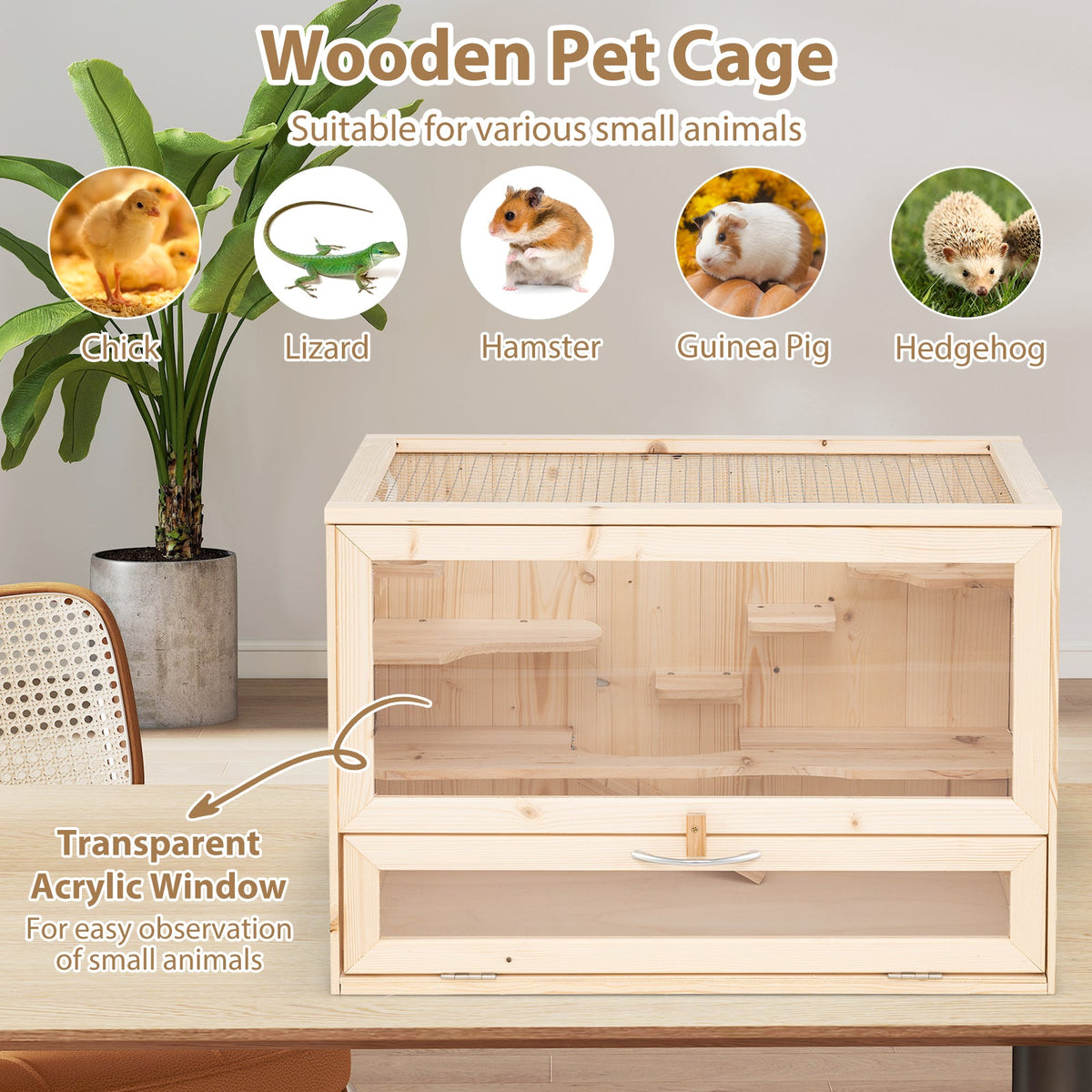 Wooden pet cage suitable for small animals with transparent acrylic window, placed indoors.