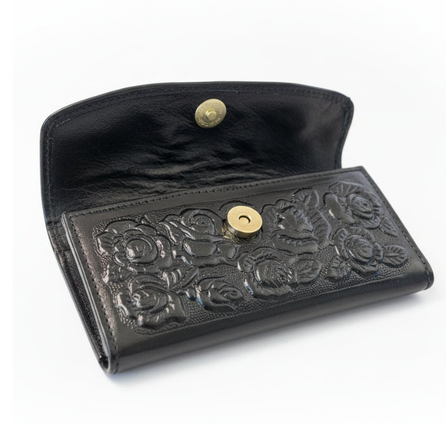 Ladies Leather Western Wallet – Hand-Tooled Floral Bifold | Black