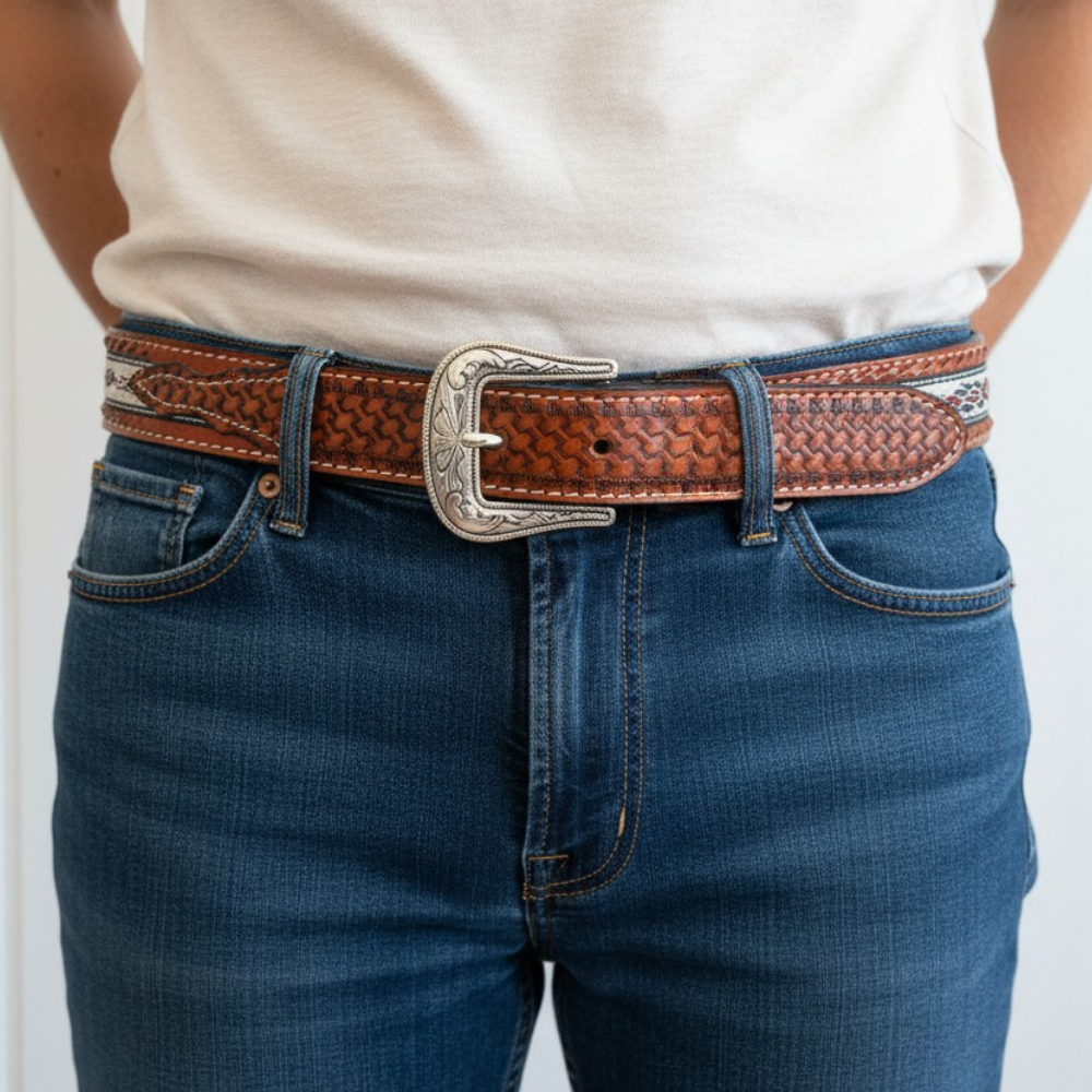 Hand-Tooled Western Leather Belt – Woven Aztec Diamond Pattern