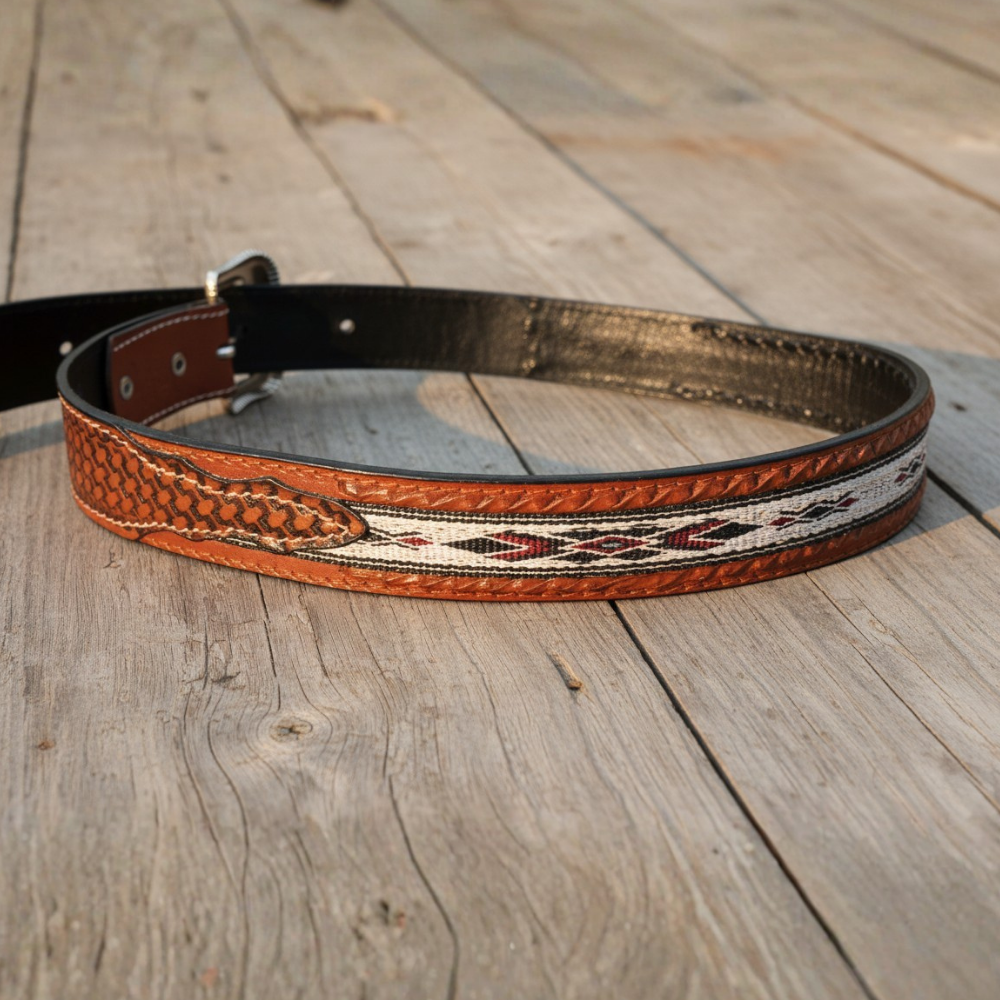 Hand-Tooled Western Leather Belt – Woven Aztec Diamond Pattern