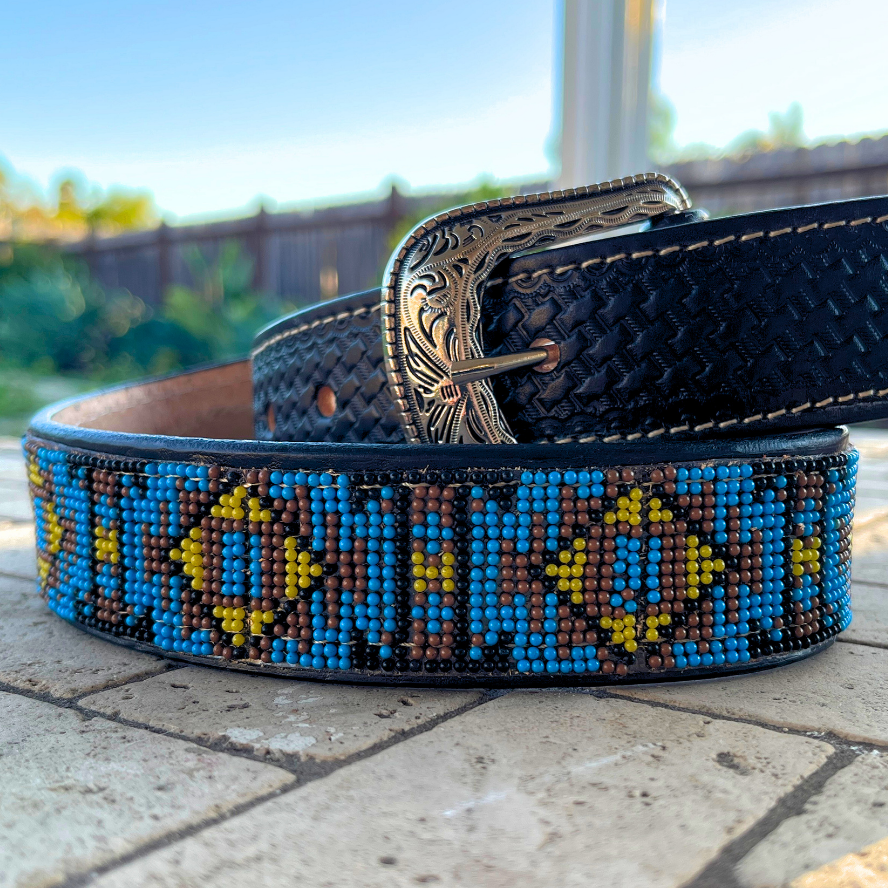 Hand-Tooled Leather Western Belt – Turquoise Aztec Diamond, Handcrafted in Mexico