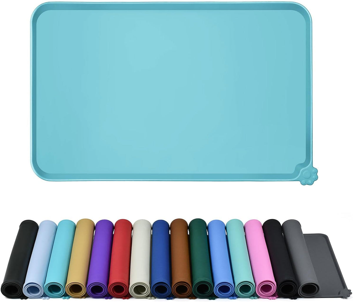 Aqua raised-edge silicone feeding mat above rolled mats in multiple colors.
