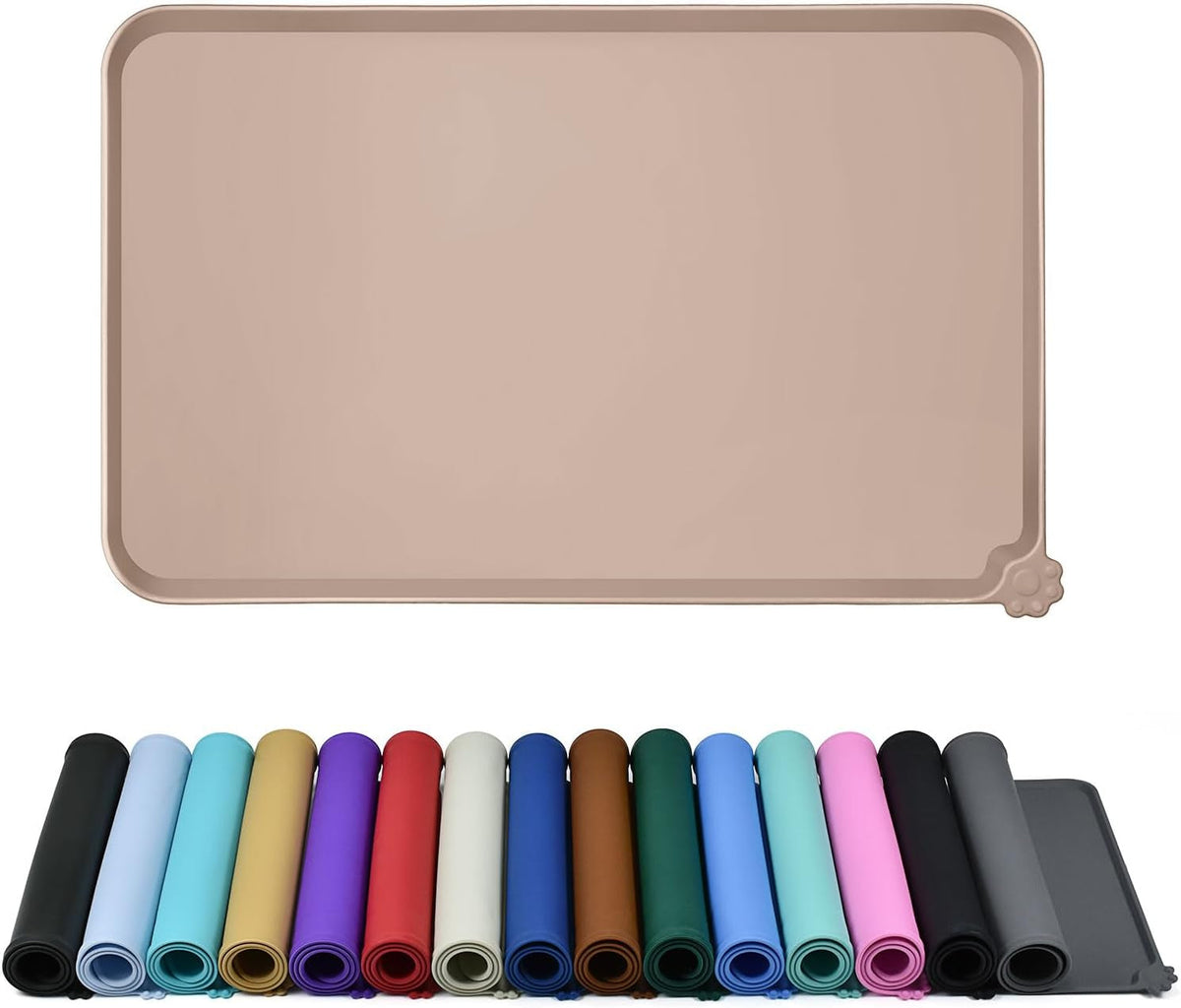 Taupe raised-edge silicone feeding mat above rolled mats in multiple colors.

