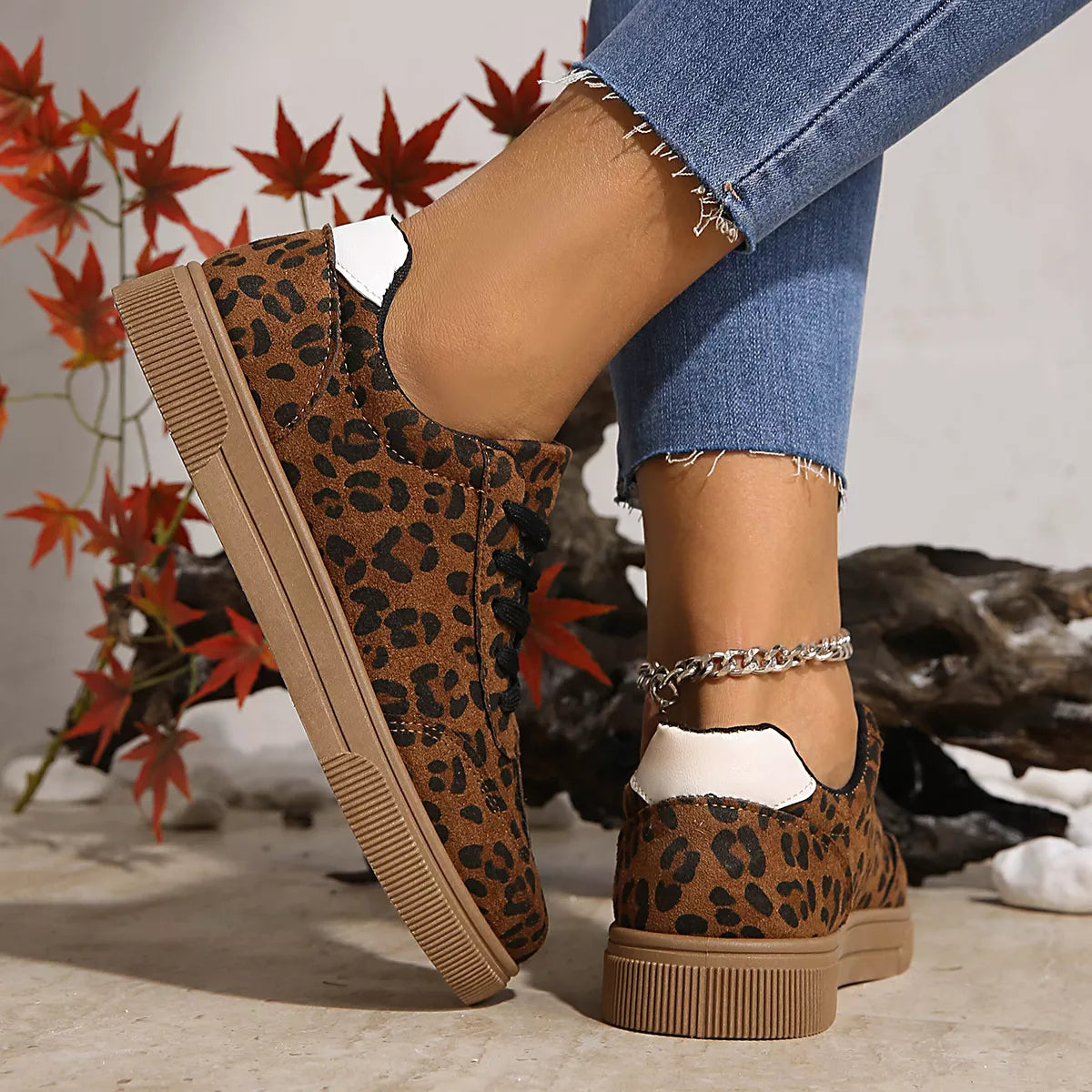 Women's Leopard Print Suede Lace-Up Sneakers | Casual Flat Shoes
