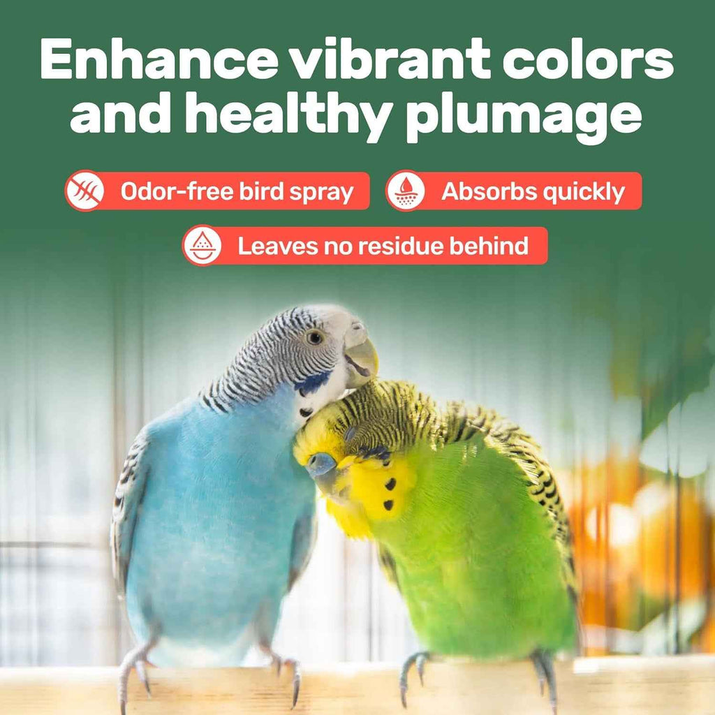 Two parakeets on a perch with text about odor-free bird spray.