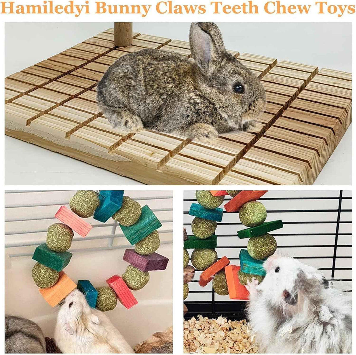 Collage of Hamiledyi Bunny Claws Teeth Chew Toys with a rabbit on a wooden platform and colorful chew toys.