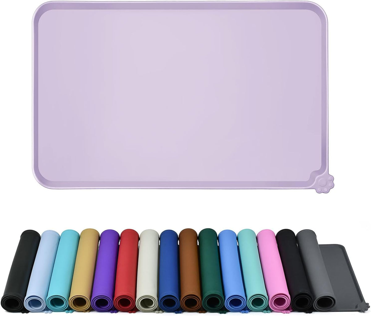 Light lavender raised-edge silicone feeding mat above rolled mats in multiple colors.
