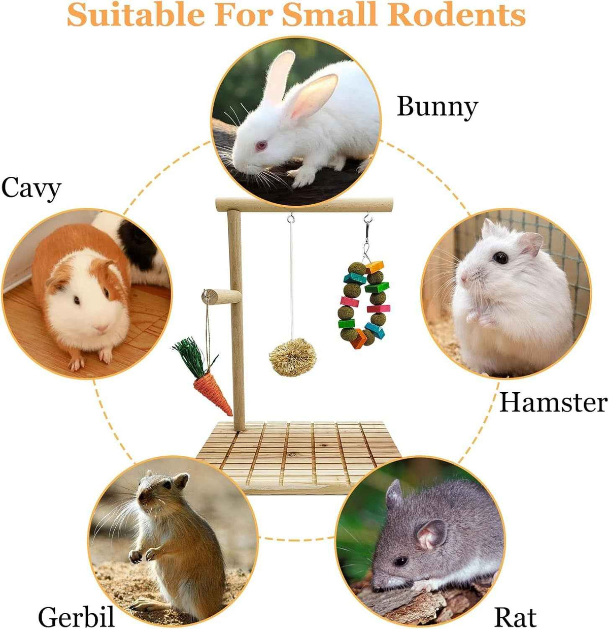 Pet play stand suitable for small rodents with images of a bunny, cavy, hamster, gerbil, and rat.