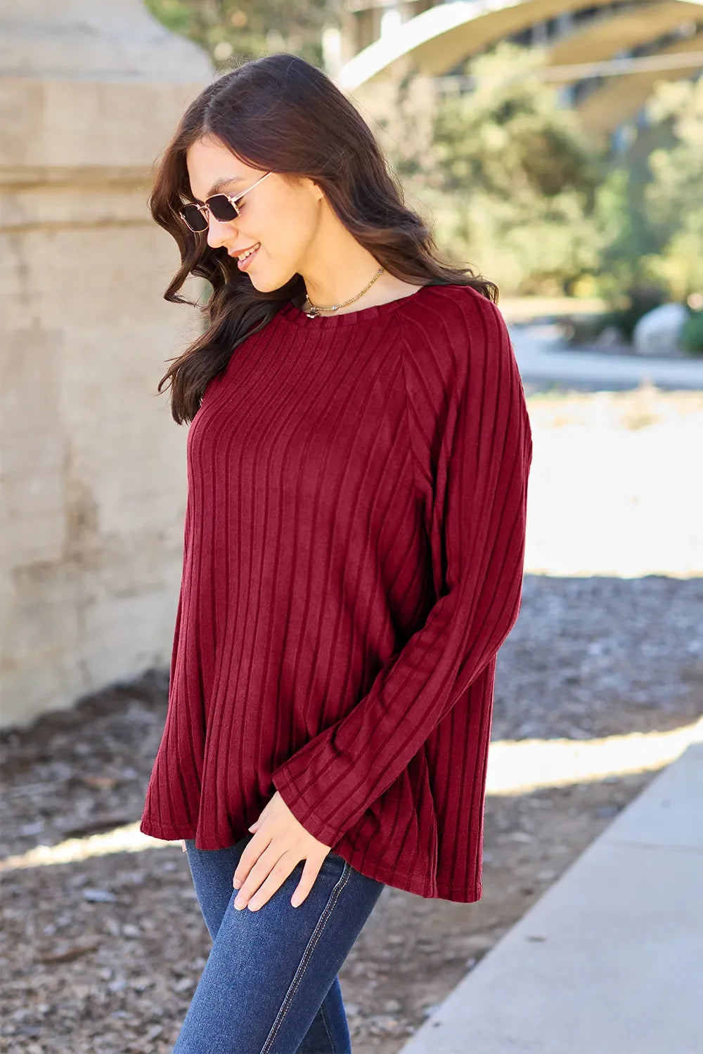 Basic Bae Ribbed Round Neck Oversized Knit Top