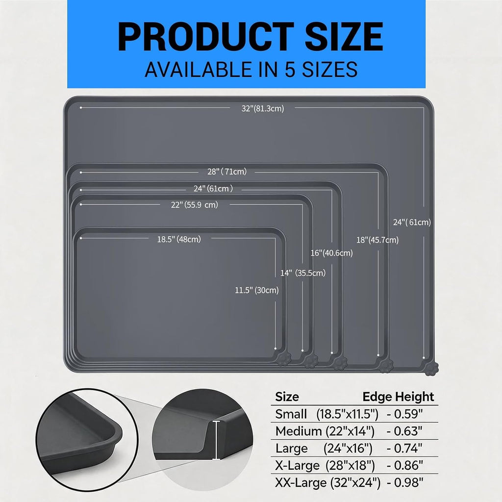 Product size chart showing five nested rectangular trays in small, medium, large, X-large, and xx-large sizes with edge heights listed below, plus circular close-up insets of tray corners.