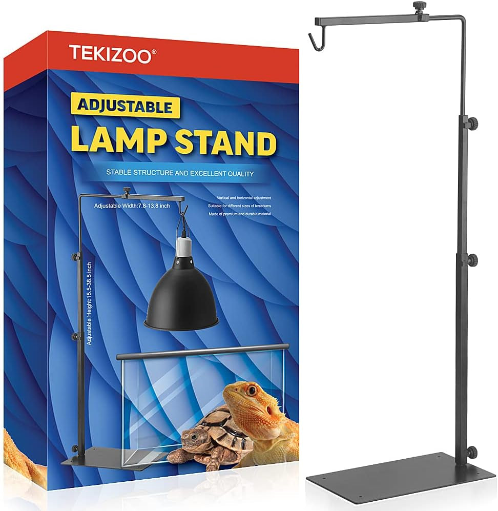 TEKIZOO adjustable lamp stand shown next to its retail packaging box. The lamp stand is made of matte black metal with a flat base, adjustable vertical pole, and a top hanging hook.