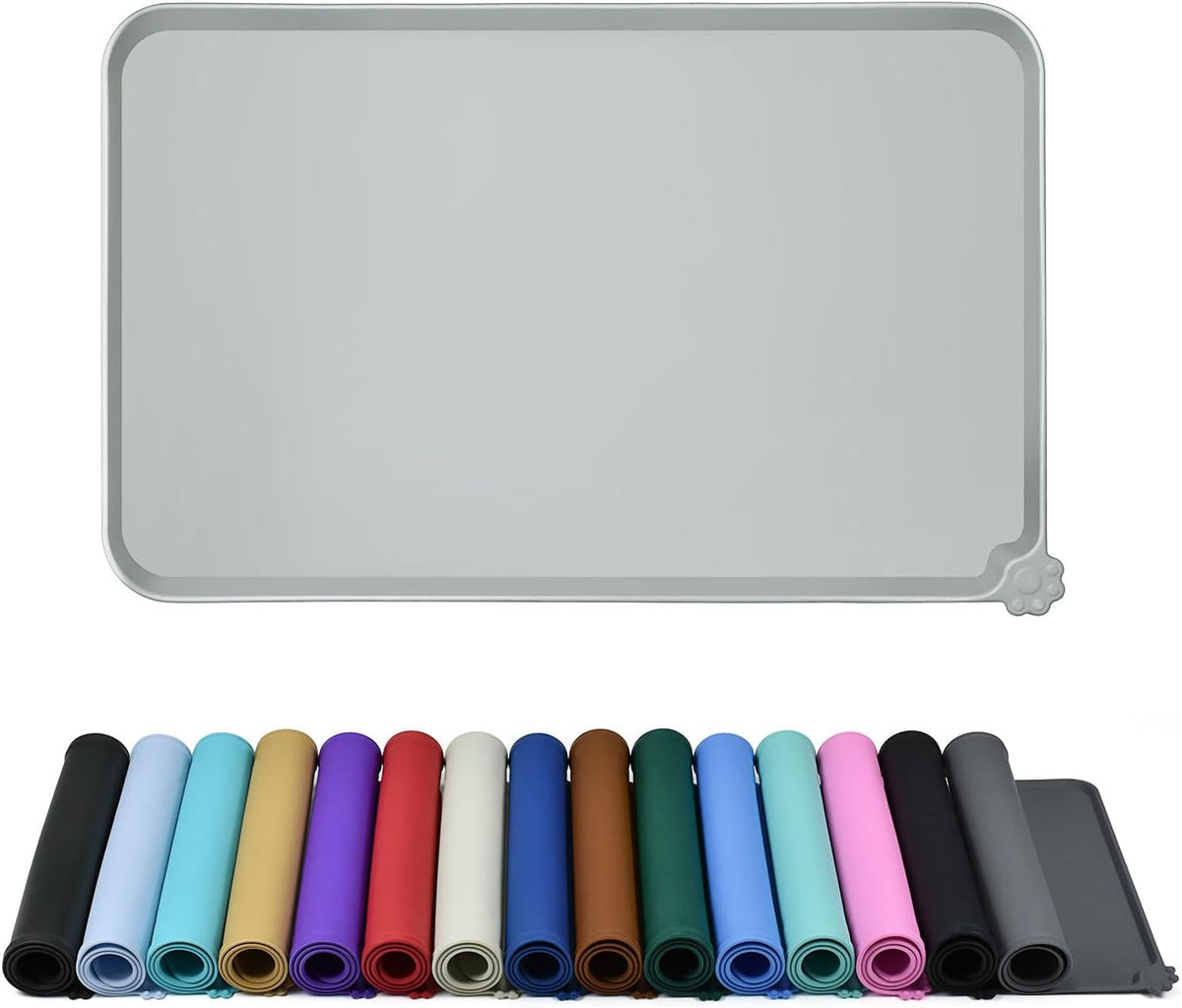 Light gray raised-edge silicone feeding mat above rolled mats in multiple colors.
