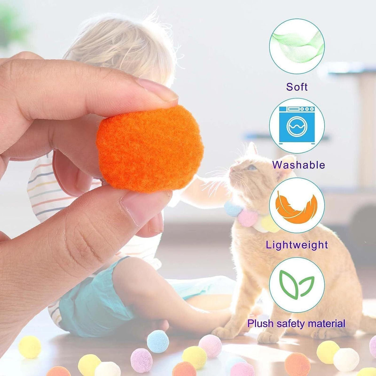 Orange ball held by a hand with baby and cat in the background, featuring icons for softness, washability, lightness, and plush safety material.