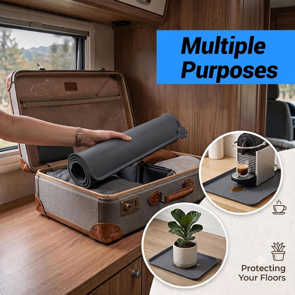 A dark gray versatile travel mat shown inside an open suitcase, with a hand rolling it up. Two circular inset images on the right show the mat used as a coffee maker trivet and a small plant pot protector.