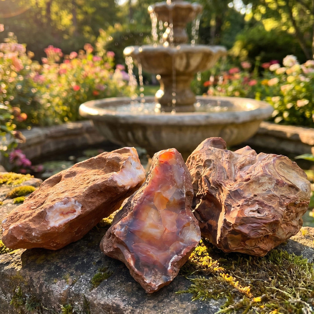 Carnelian agate boulders displayed on mossy stone with translucent orange areas lit by sunlight