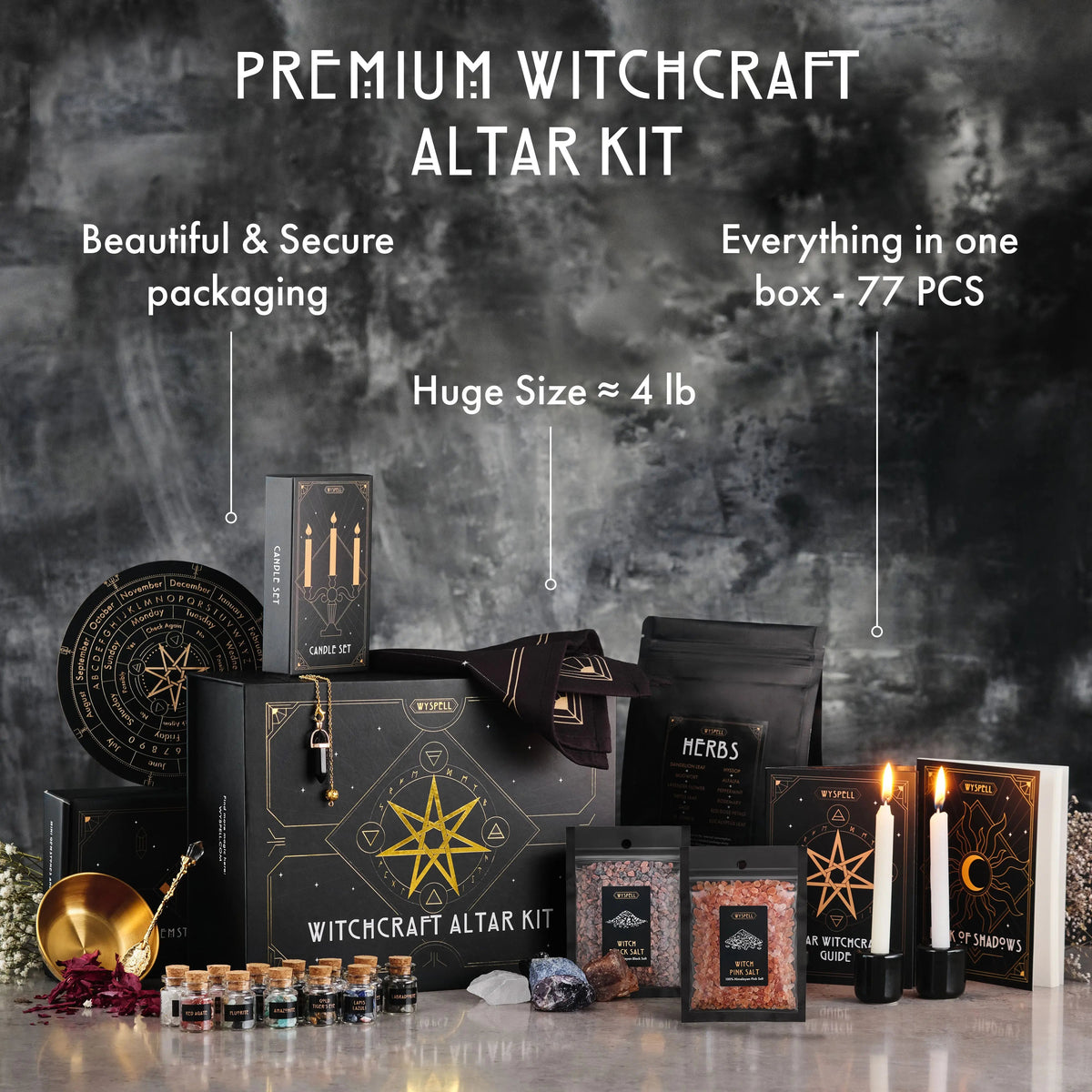Black-and-gold 77-piece altar kit packaging displayed with crystal jars, salts, books, and candles.
