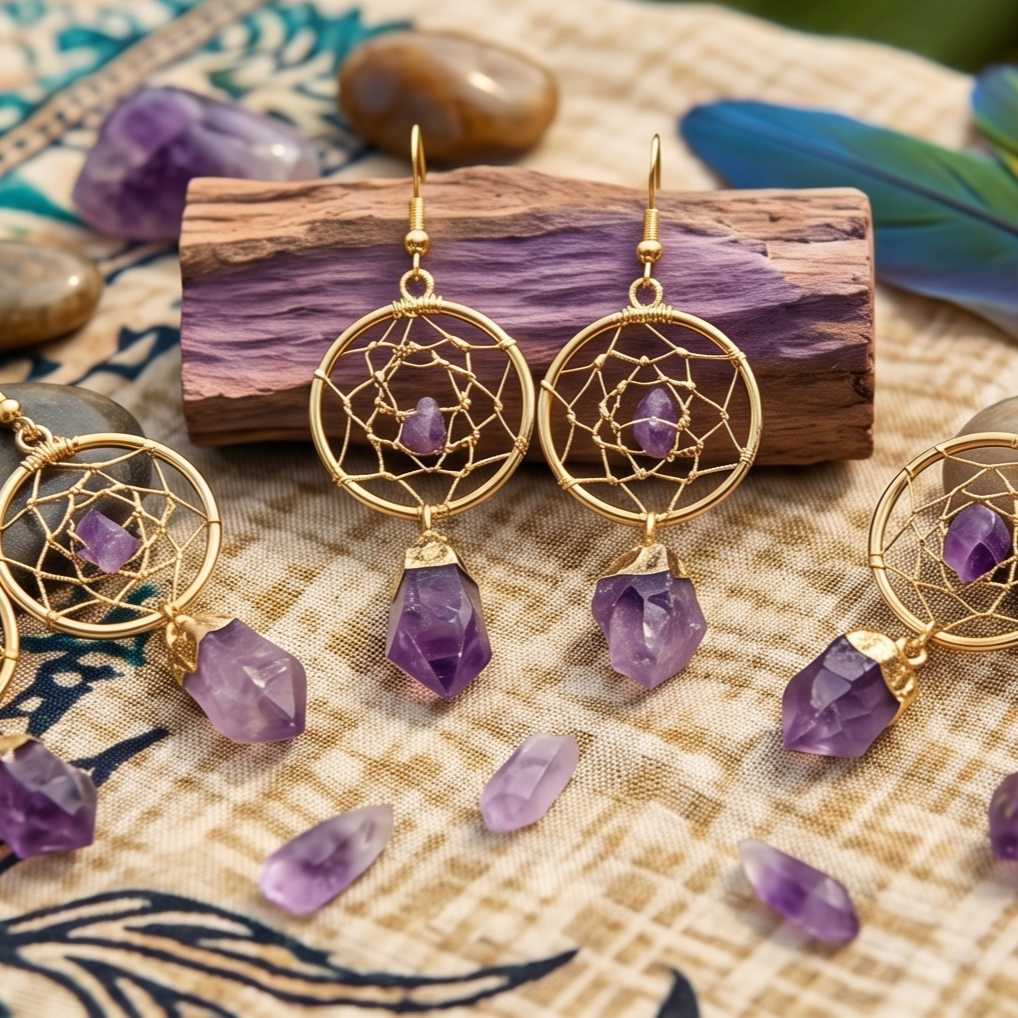 Gold-plated amethyst dreamcatcher earrings styled on patterned fabric with wood, purple crystals, and a feather.
