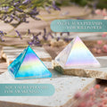 Blue Aqua Aura and pale Angel Aura quartz pyramids on stone slabs with text about awakening and willpower.
