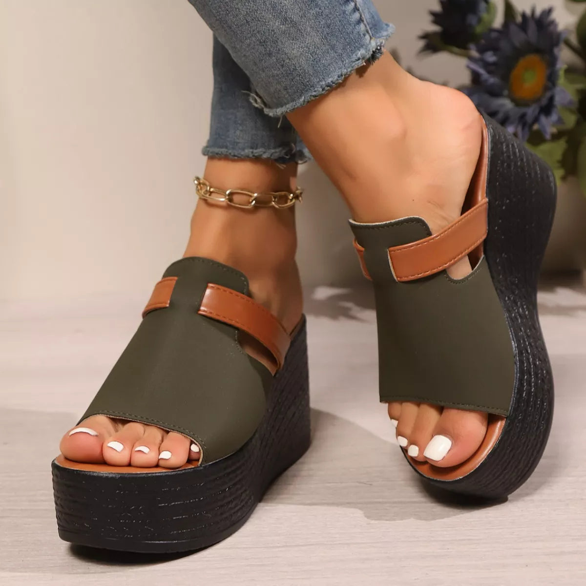 Women's Open Toe Platform Wedge Sandals | PU Leather Slide Heels