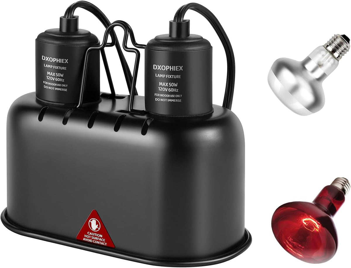 DXOPHIEX dual dome fixture pictured with a clear basking bulb and red heat bulb
